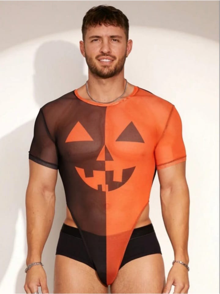 men's sexy contrast color splicing print mesh bodysuit